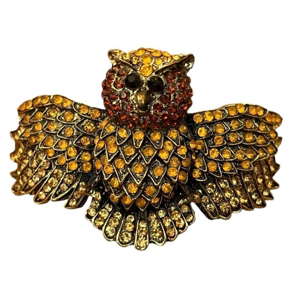 Vintage Rhinestone Encrusted Amber Brown Gold Tone Hinged Owl Bracelet